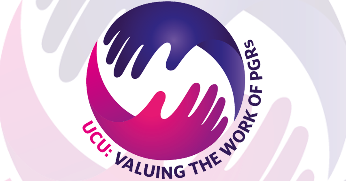Logo for postgraduate researchers with two stylised hands and text: 'UCU: valuing the work of PGRs'