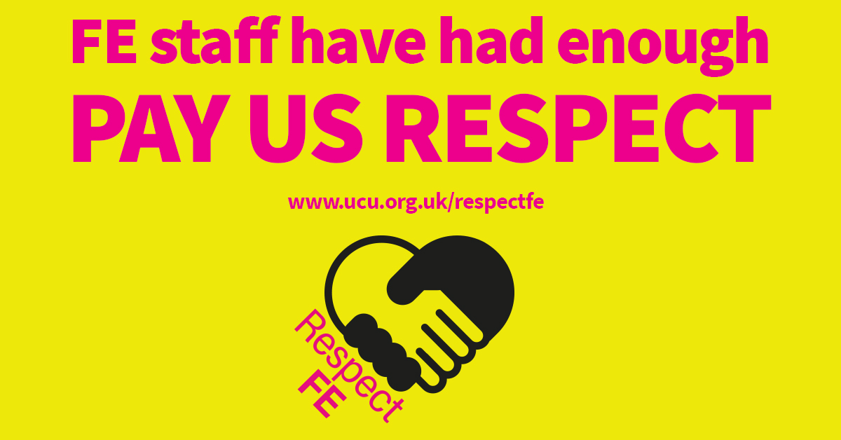 Image with the text 'FE staff have had enough: pay us respect'