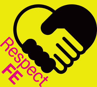 Respect FE logo black icon pink text yellow background
