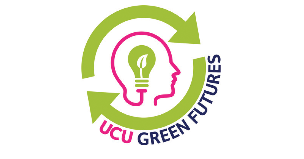 Illutration of a head containing a lightbulb with a leaf for a filament inside two green arrows in a circle with the words 'UCU Green Futures'