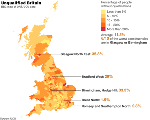 Map showing qualification levels in the UK (via BBC)