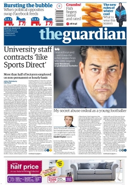 Guardian front page with university 'Sports Direct' story, 17 Nov 16